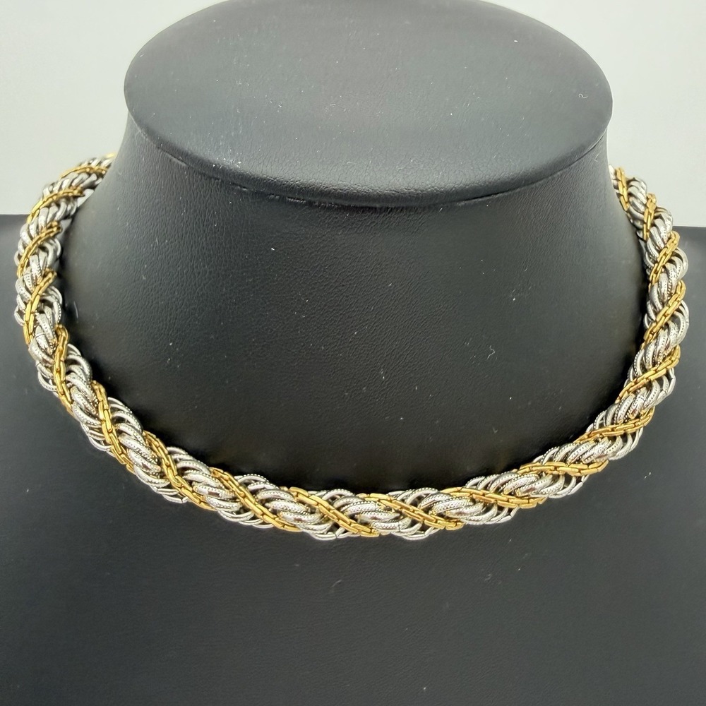 Vintage Signed Monet Gold‎ Silver Chunky Rope Chain Twist Choker Necklace 17"